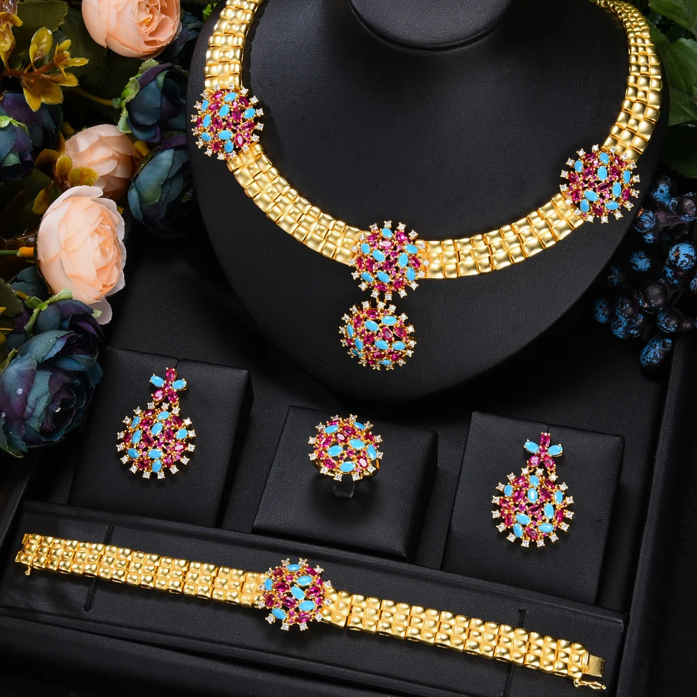 High Quality Luxury Vintage golden Necklace Earring Bangle Ring jewelry Sets for women Wedding Indian Bridal Jewelry Sets Gift