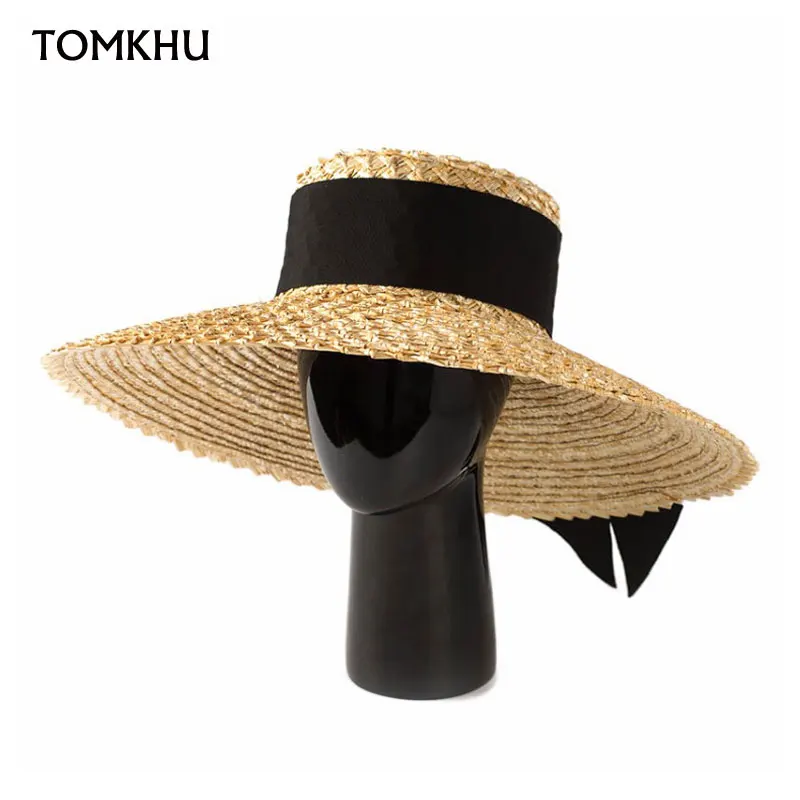 Women Summer Classical Wheat Straw Hat 15cm Big Wide Brim Sun Hats Elegant Vintage Handmade Beach Caps Vocation Chapeu Feminino