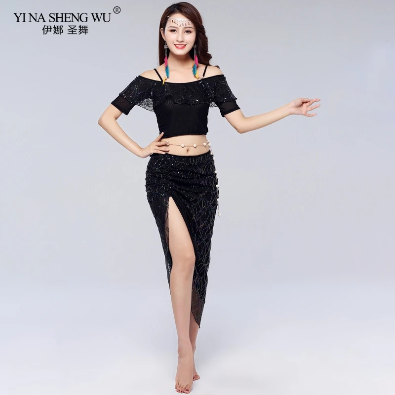 New Shine Oriental Dance Costume Adults 2 Piece Bellydance Bling Bling Skirt Top Dancer Daily Practice Wear Belly Set Women New