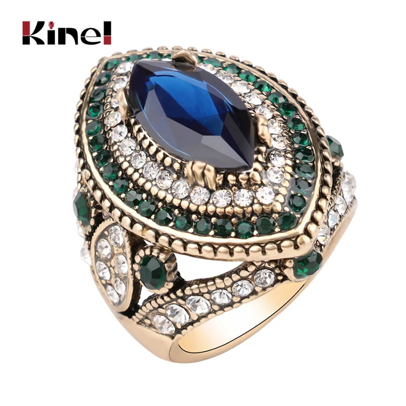 Luxury Vintage Jewelry Big  Wedding Rings For Women Gold Color Mosaic Green Crystal 2016 New Fashion Accessories