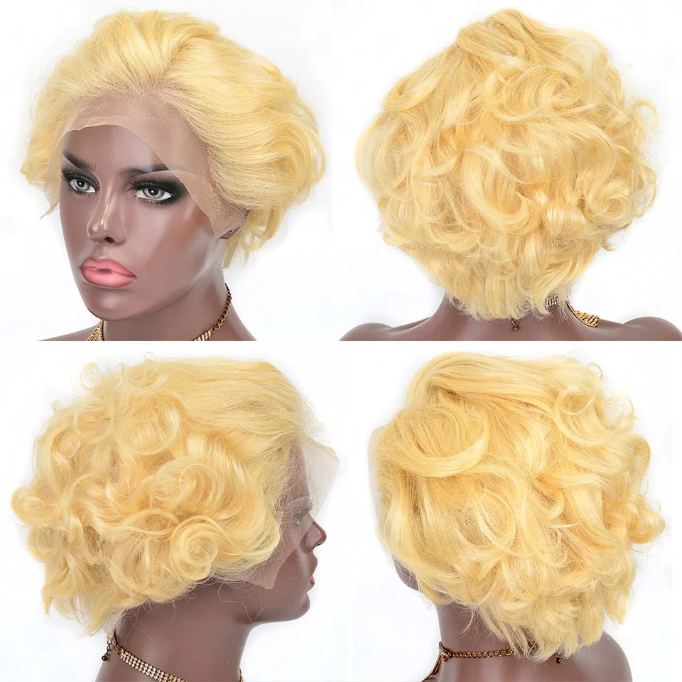 YVONNE 613 Blonde Short Pixie Cut Wigs 13x4 Brazilian Wavy Remy Human Hair Lace Front Wigs 130% Density