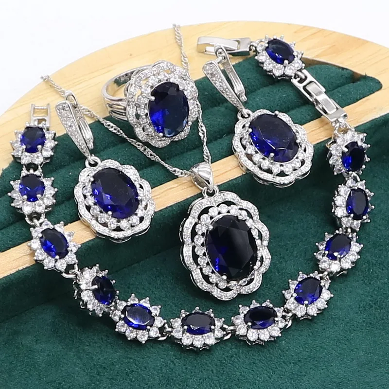 Blue Sapphire 925 Sterling Silver Jewelry set for Women Wedding Party Bracelet Earrings Necklace pendant Ring Birthday Gift