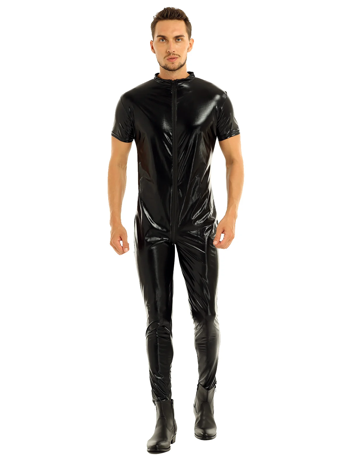 Mens Lingerie Wet Look Faux Leather Full Bodysuit Stretchy Short Sleeves Zipper Crotch Bodysuit for Stage Performance