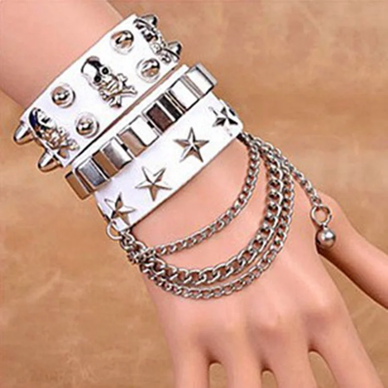 2021 Skull Rivet Hip-Hop Hip Rock bracciale multistrato in pelle metallo pentagramma bracciale a mano bracciale largo da uomo con catena