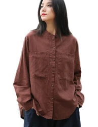 LZJN Women's Cotton Linen Standing Collar High Low Shirt Button Down Blouse Long Sleeve Tops with Pockets