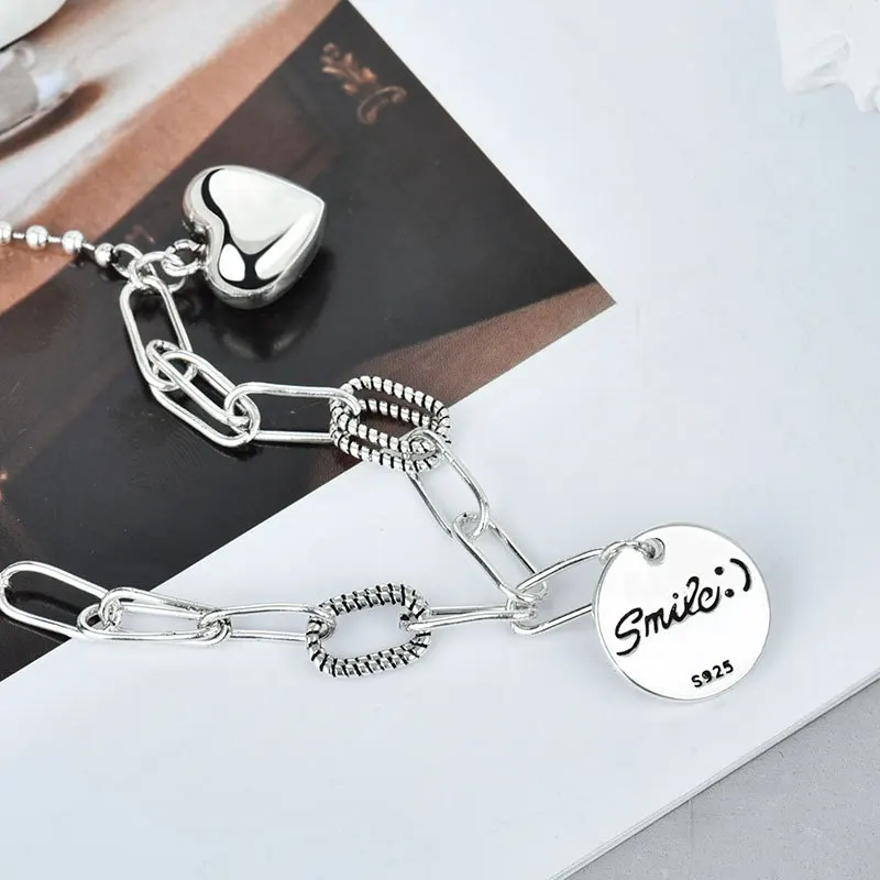 QMCOCO Korean Silver Color Smile Face Round Heart-Shape Pendant Necklace Vintage Simple For Women Party Fine Jewelry Accessories