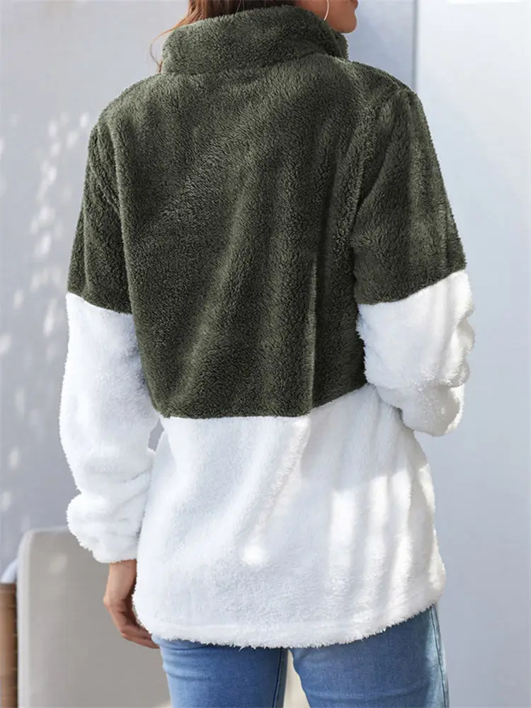 Women Winter Sweaters Turtleneck Sherpa Fleece Faux Fur Pullover Plus Size 5XL Tops Colorblock Lace Fleece Zipper Pull