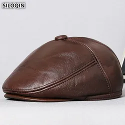 SILOQIN Men's Real Genuine Leather Caps Warm Berets Men Cowhide Leather Hat Winter Fur Earmuffs Cap Middle-aged Dad's Beret Hats