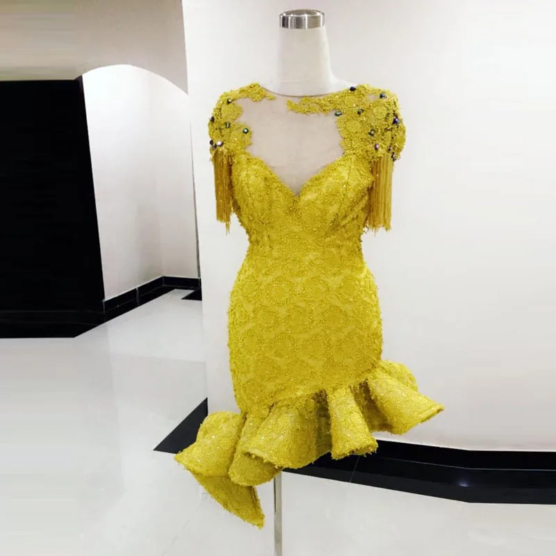 Lemon Yellow Short Prom Dresses Mermaid Sleeve robe de soiree Beads Evening Gowns Appliques Draped vestido de fiesta