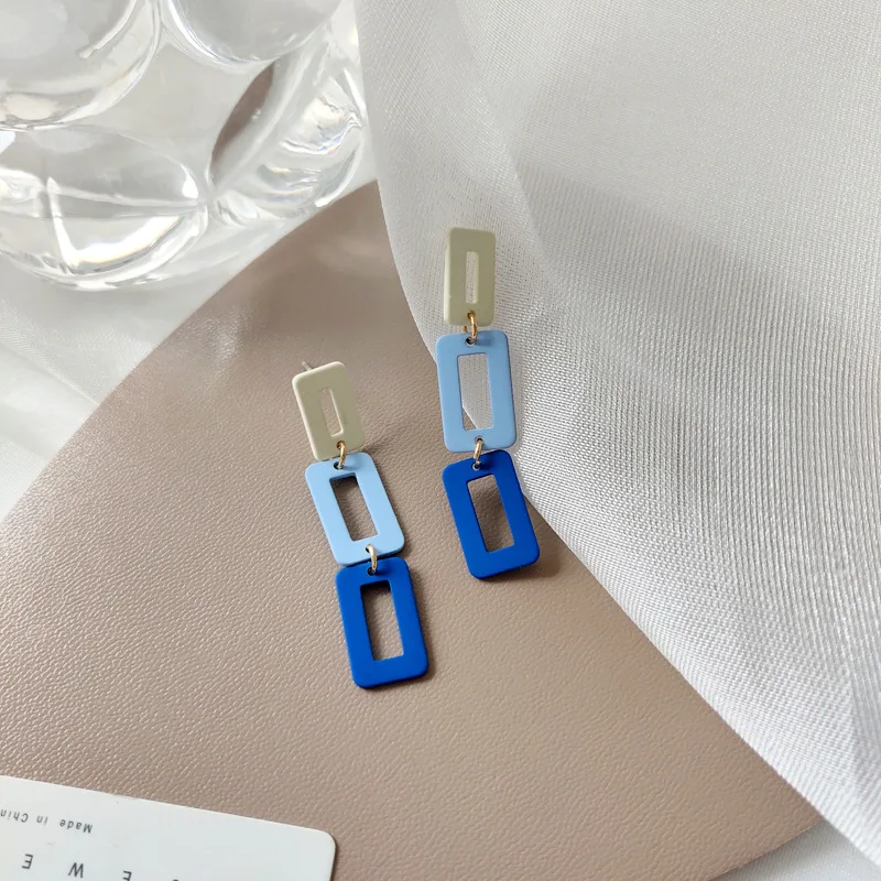 Small Fresh Contrast Blue Sqaure Clip Earrings No Hole Simple Hollow Out Rectangular Long Clip on Earrings Non Pierced Ears