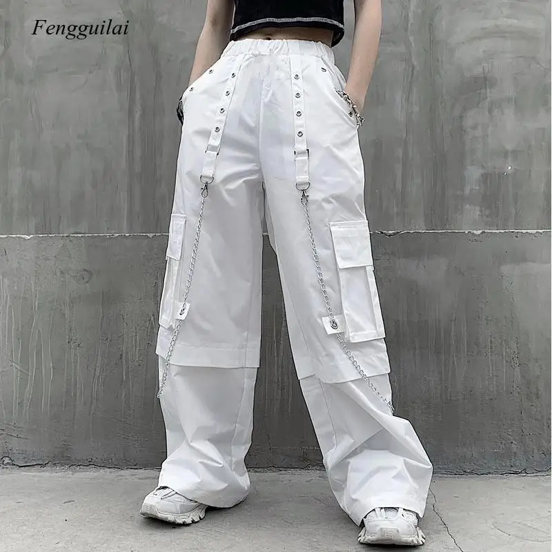 2021 Goth White Cargo Pants Women Mall Goth Hippie Moda Punk Pants Loose Pants with Chain Baggy Oversize Korean Style