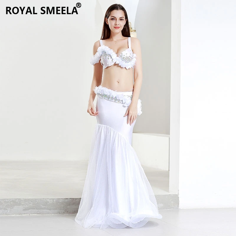 White belly dance costume Women belly dancing bra belt skirt Mermaid outfits Belly Dance Wear Professional Performance Dress