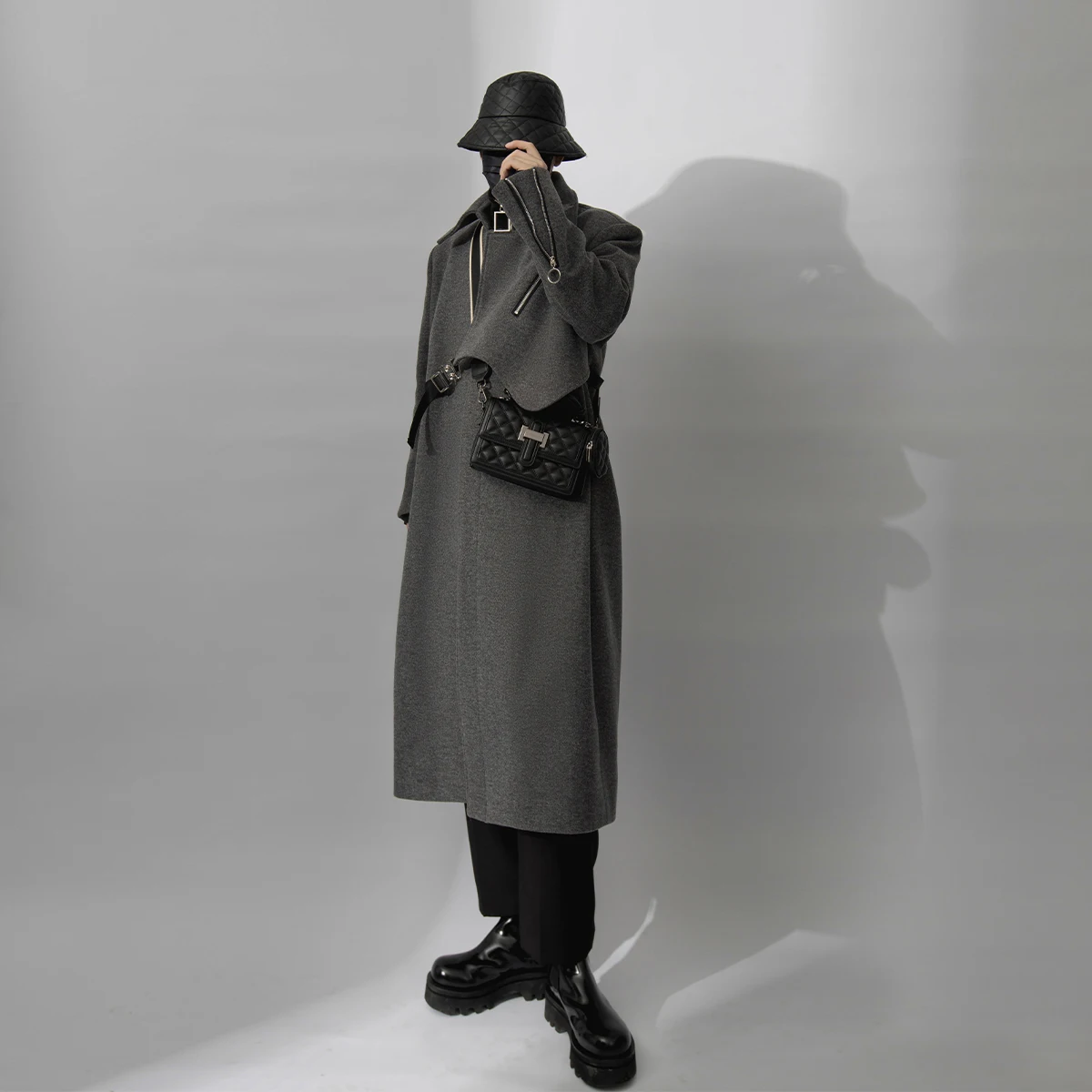 2022 winter high sense of woolen coat men's leave two design sense Korean version of the long trench coat