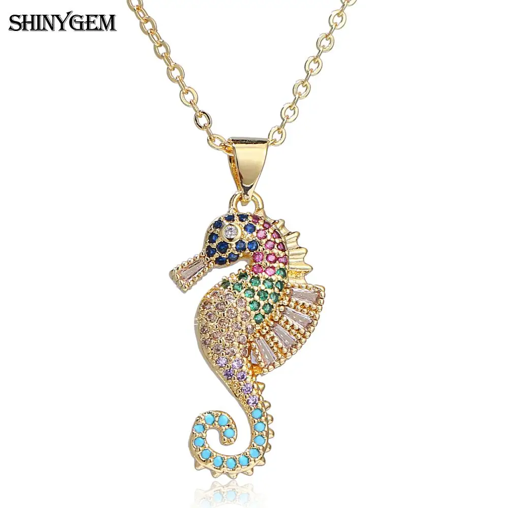 

2020 Cute Trendy 15*22mm Micro Inlay Multi Color Zircon Seahorse Necklace Copper Bezel Chain For Young Women Neck Jewelry Gift