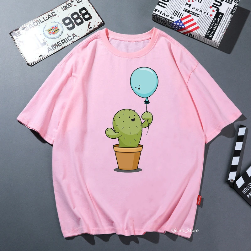 2024 Hot Sale  Cactus Balloon Print T Shirt Women Clothes Funny Green Solid Tshirt Femme Harajuku Kawaii T-Shirt Tops