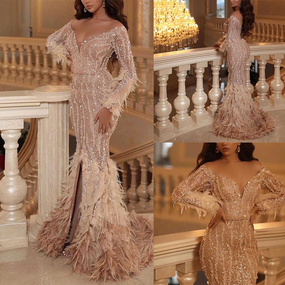 Feather Mermaid Split Lace Appliqued Sequins Long Sleeves V Neck Nightgowns Graceful Sleepwear Custom Made Evening Dress