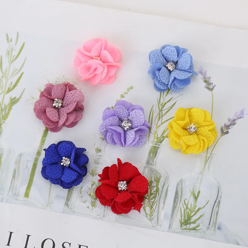 10Pcs/lot Multi Colors Handmade Small Fabric Satin Flowers with Rhinestone Appliques Sewing Wedding Garment Accessories Flowers