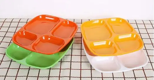 20pcs Melamine 4 Grid Plate Rectangular School Canteen Buffet Dish Snack Meal Tray Plastic Imitation Porcelain Tableware