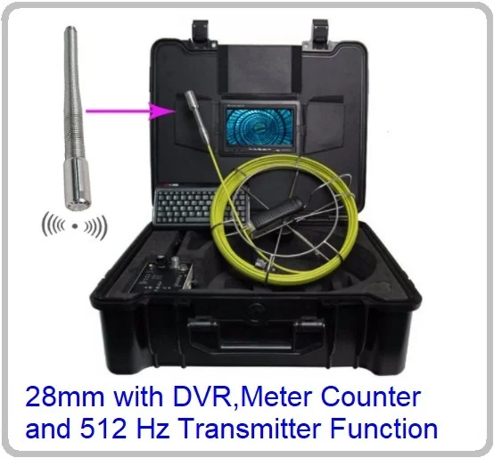 28mm 512Hz Transmitter Auto Self Leveling Pipe Sewer Drain Pipe Inspection Camera with DVR Recorder 7 Inch Monitor Meter Counter