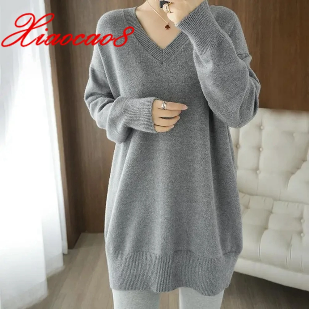 Autumn Women V Neck Oversize Sweater Gray Black White Solid Loose Long Sweaters For Women Knitted Pullover Female Basic Top