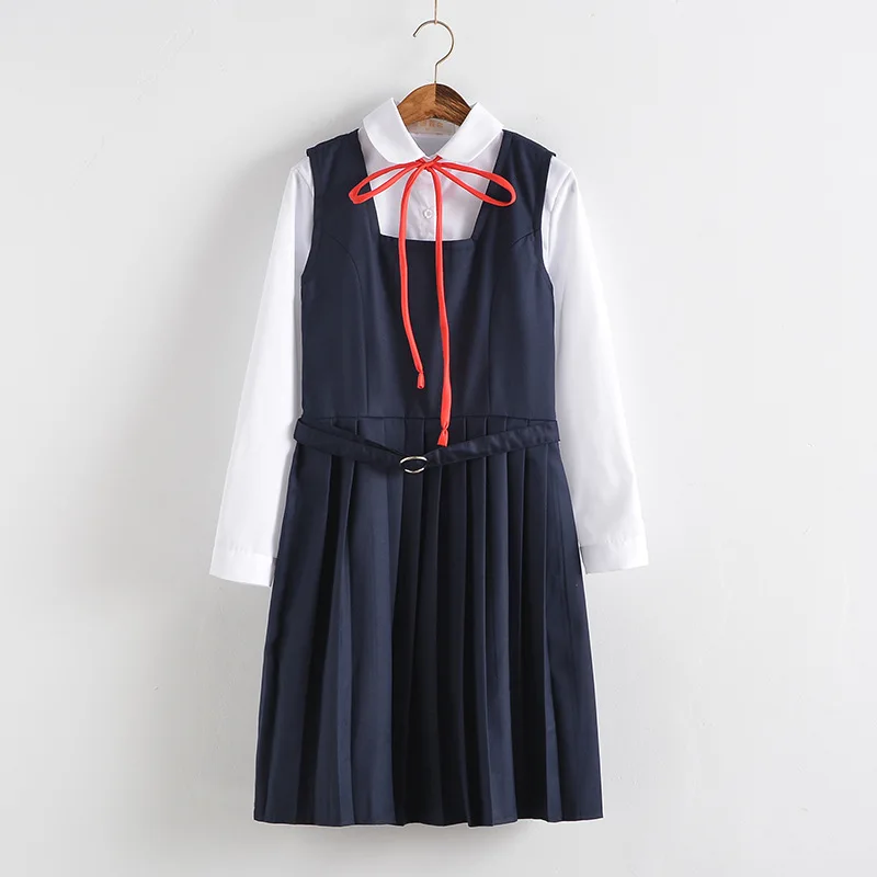 Uniforme escolar japonês e coreano para meninas, vestidos de estudante, camisa branca de manga comprida, forma anime, colete azul marinho, saia plissada, 2023