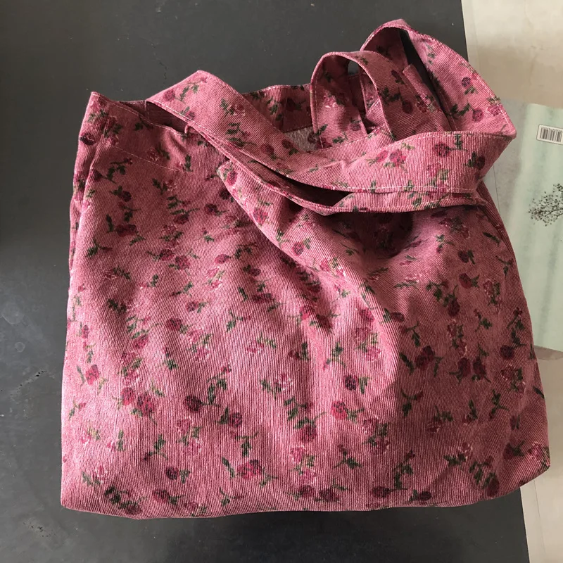 Winter Fashion Pink Rose Ladies Shoulder Bag Retro Corduroy Women Shopping Bags Student Girls Thin Cloth Handbags Travel Tote