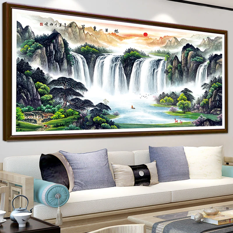 Needlework Big Size Cross Stitch,Full Embroidery Kit,Sunrise Mountain Waterfall Landscape Printed Pattern Handwork Craft Gift