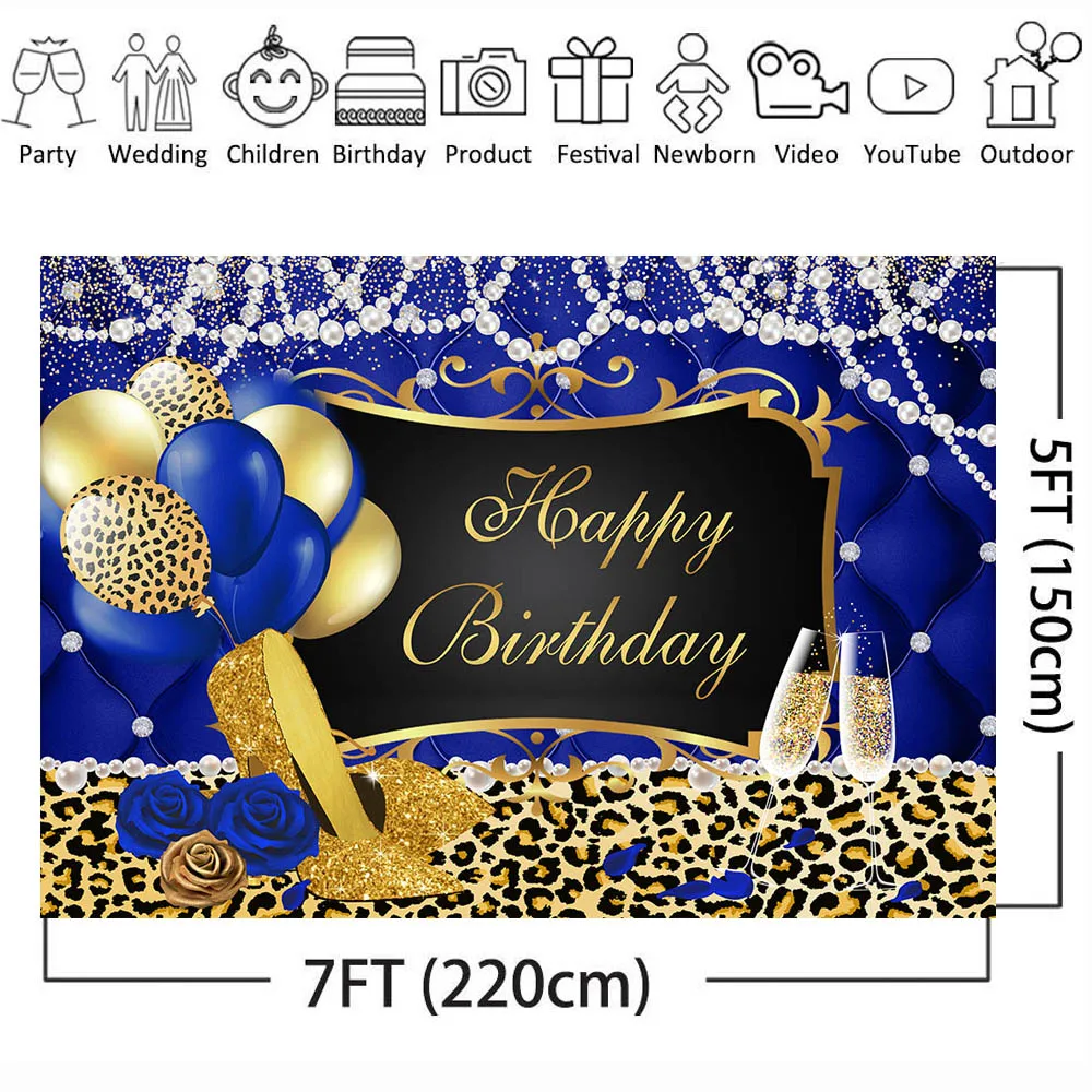 ليوبارد المرأة عيد ميلاد سعيد خلفية ديكور حفلة الذهب عالية الكعب اللؤلؤ الملكي الأزرق مخصص صور خلفية التصوير فوتومكو