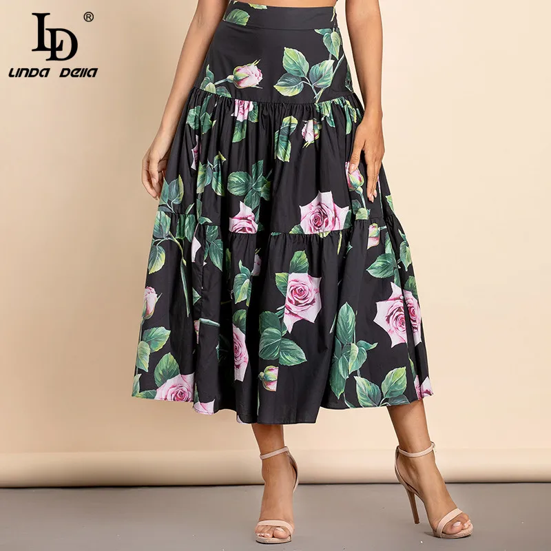 LD LINDA DELLA 2022 Runway Designer Spring Fashion Mini Skirt Women High Waist Vintage Rose Flower Print Elegant Cotton Skirts