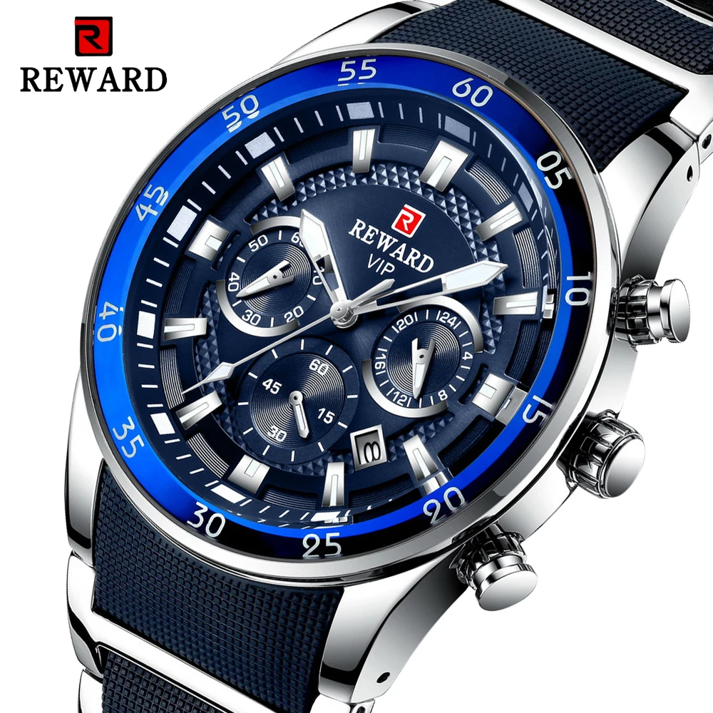 REWARD Mens Watches Luxury Blue Quartz Watch Full Steel Men Chronograph Waterproof Business Wrist Watch Relogio Masculino