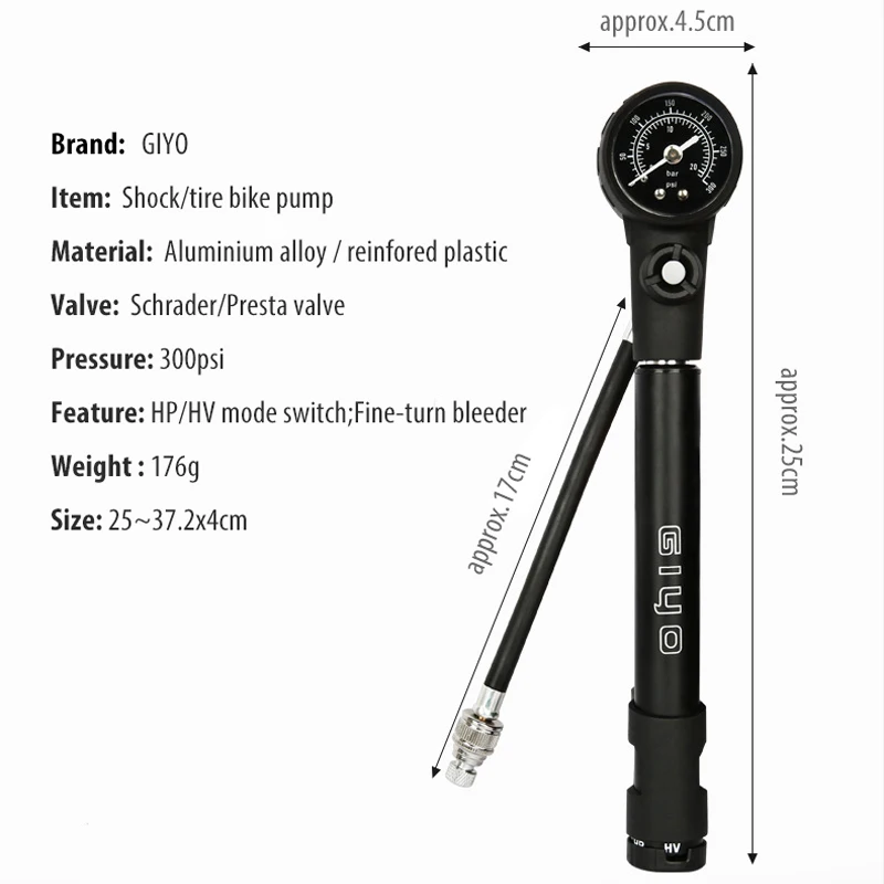 GIYO GS-41E MTB Bicycle Bike Tire Pump & Shock Pump for 300PSI High Pressure Gauge for Fork & Rear Suspension with Mount Bracket