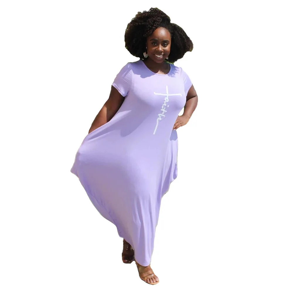 Groothandel Dropshipping Plus Size Jurken Elegante 4xl 5xl Effen Kleur Ronde Hals Korte Mouwen Onregelmatige Losse Vrouwen Lange Jurk