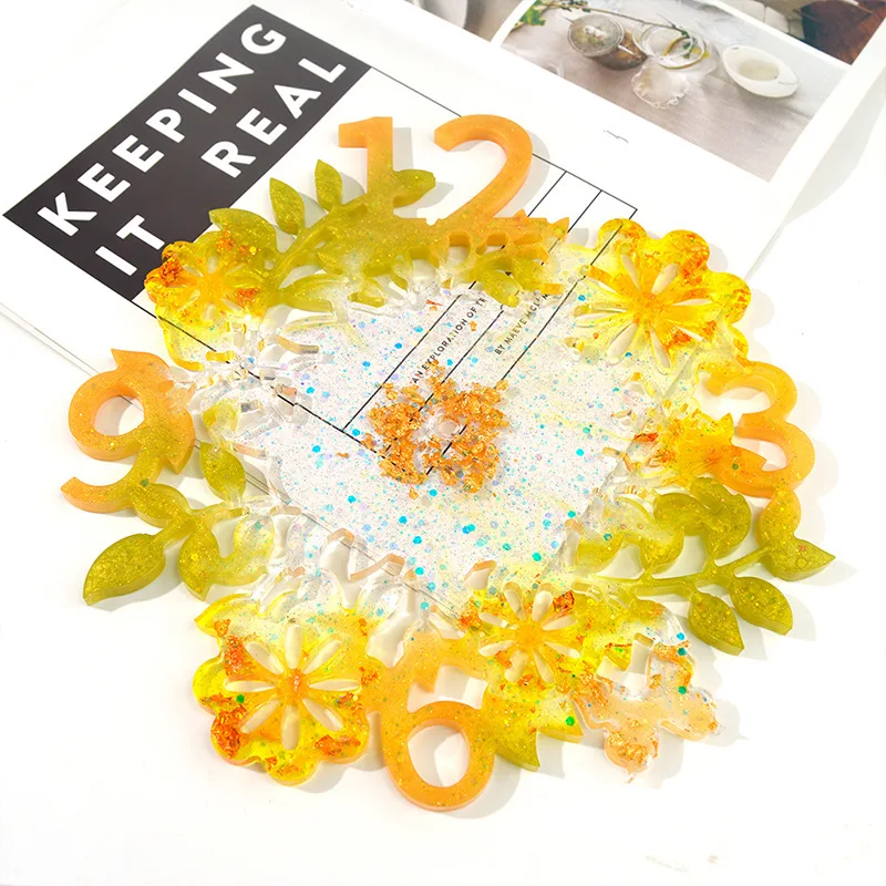 DIY Crystal Silicone Mold Flower Digital Clocks Mold Wall Hanging Home Decoration Mirror Silicone Mold For Resin
