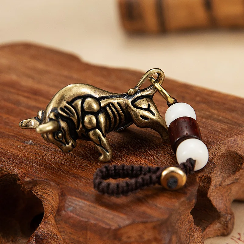 Brass Zodiac Cattle Keychain Cow Key Chains Bullish Car Braided Rope Pendant Chinese New Year Mascot