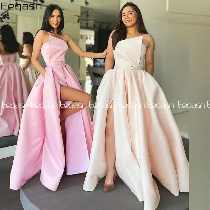 

Pink Satin Long Evening Dresses with Pockets Strapless Pleats Slit Fashion Plus Size Prom Gowns Special Occasion Dress