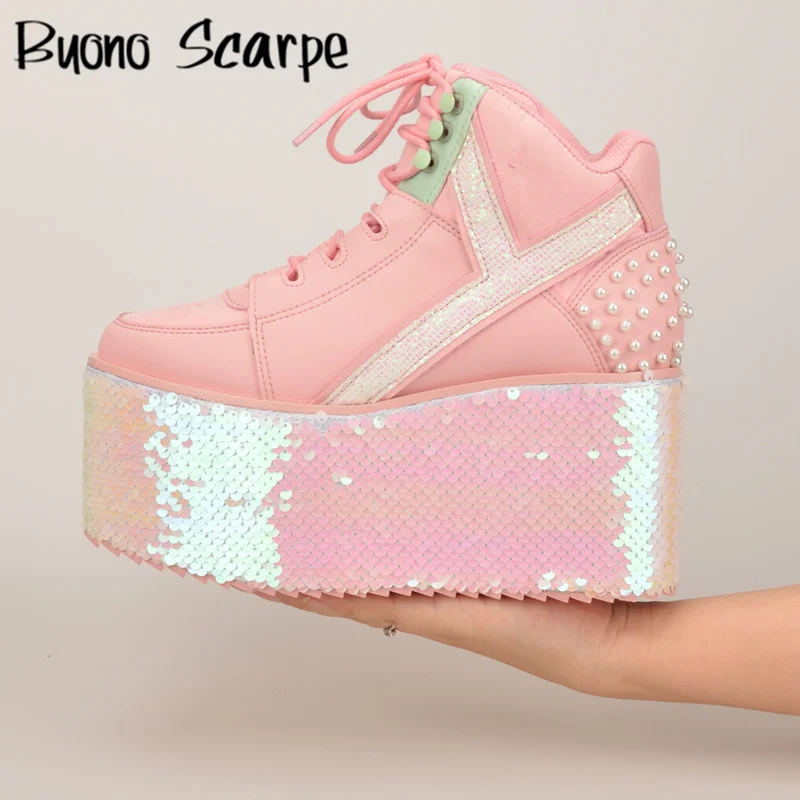 Bling Bling scarpe alte con plateau per donna stivaletti in pelle con fondo spesso Sneakers con tacchi alti scarpe singole con paillettes di perle