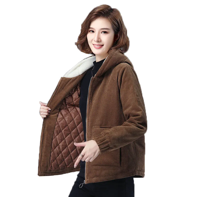 

New 2022 Autumn Winter Corduroy Keep Warm Ladies Jacket Add Cotton Mid Long Loose Middle-Aged Mother Women's All-Match Coats