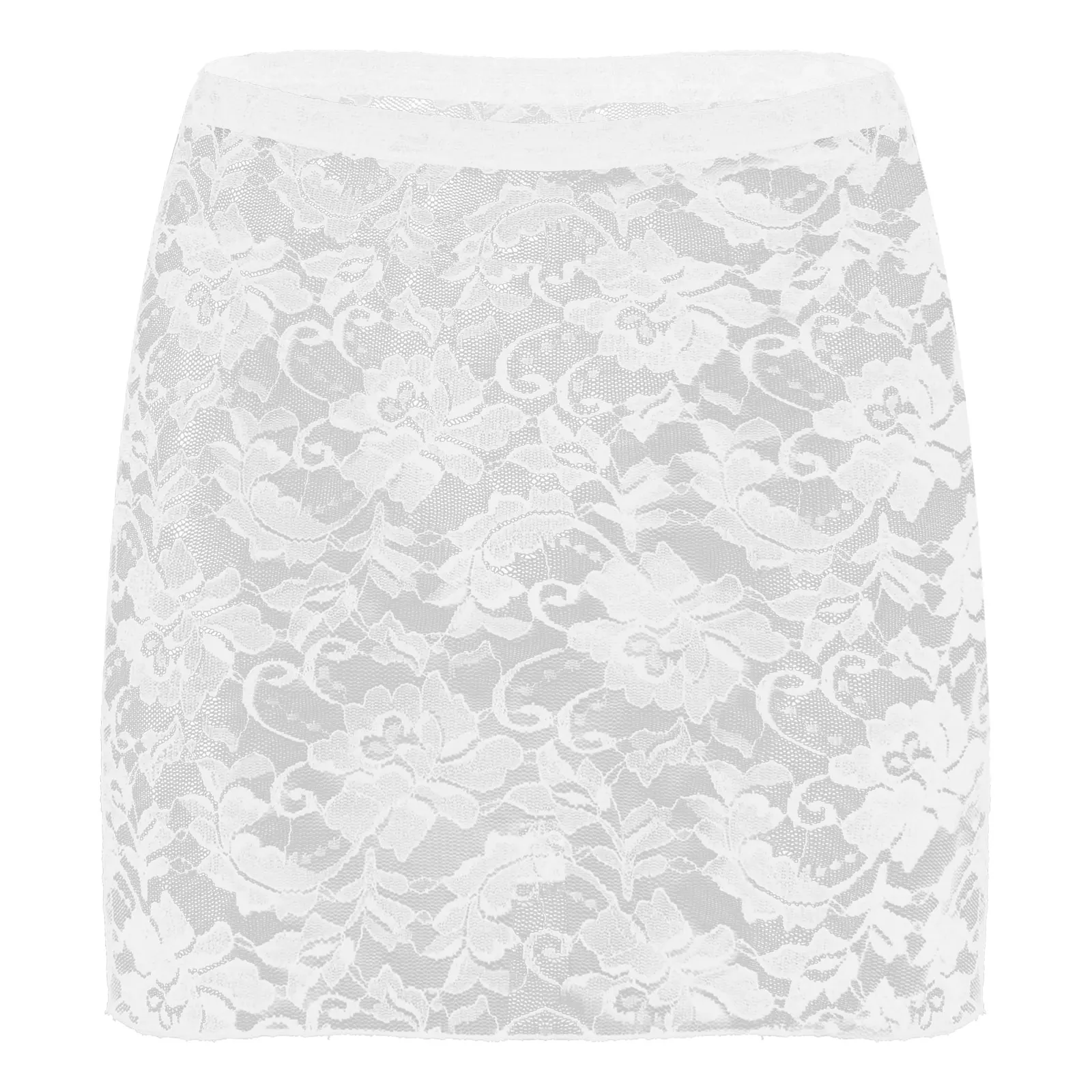 Womens Sexy Lace Floral Sheer Skirt Summer See-through Mid Waist Stretchy Miniskirt Nightwear Rave Party Clubwear Underskirt