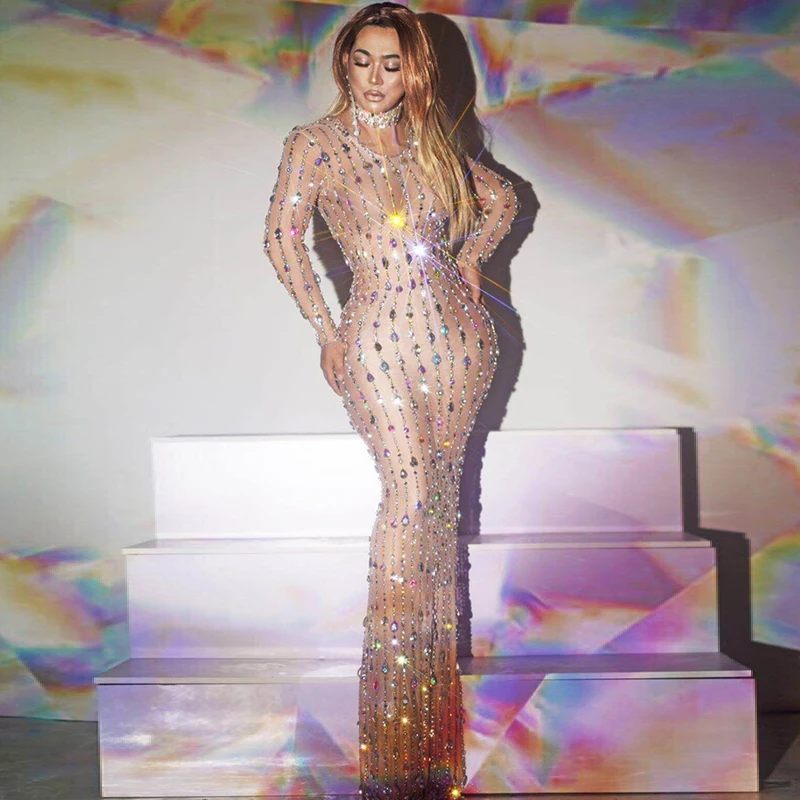 Benutzer definierte Kristall Strass Kleid Frauen Mesh sexy durchsichtig Party Geburtstag Club Tänzer Bühne Festival Outfit Drag Queen Kleidung