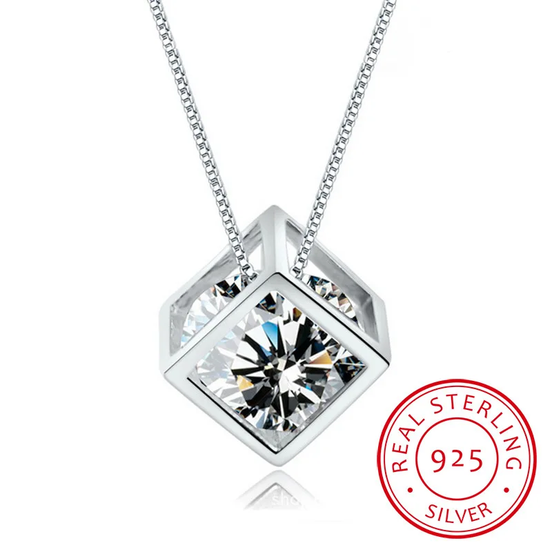 925 Sterling Silver Cube Zirconia Pendant Necklace For Women Gift 45cm Link Chain choker collares kolye S-N76