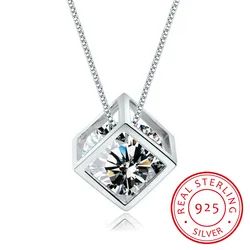 925 Sterling Silver Cube Zirconia Pendant Necklace For Women Gift 45cm Link Chain choker collares kolye S-N76