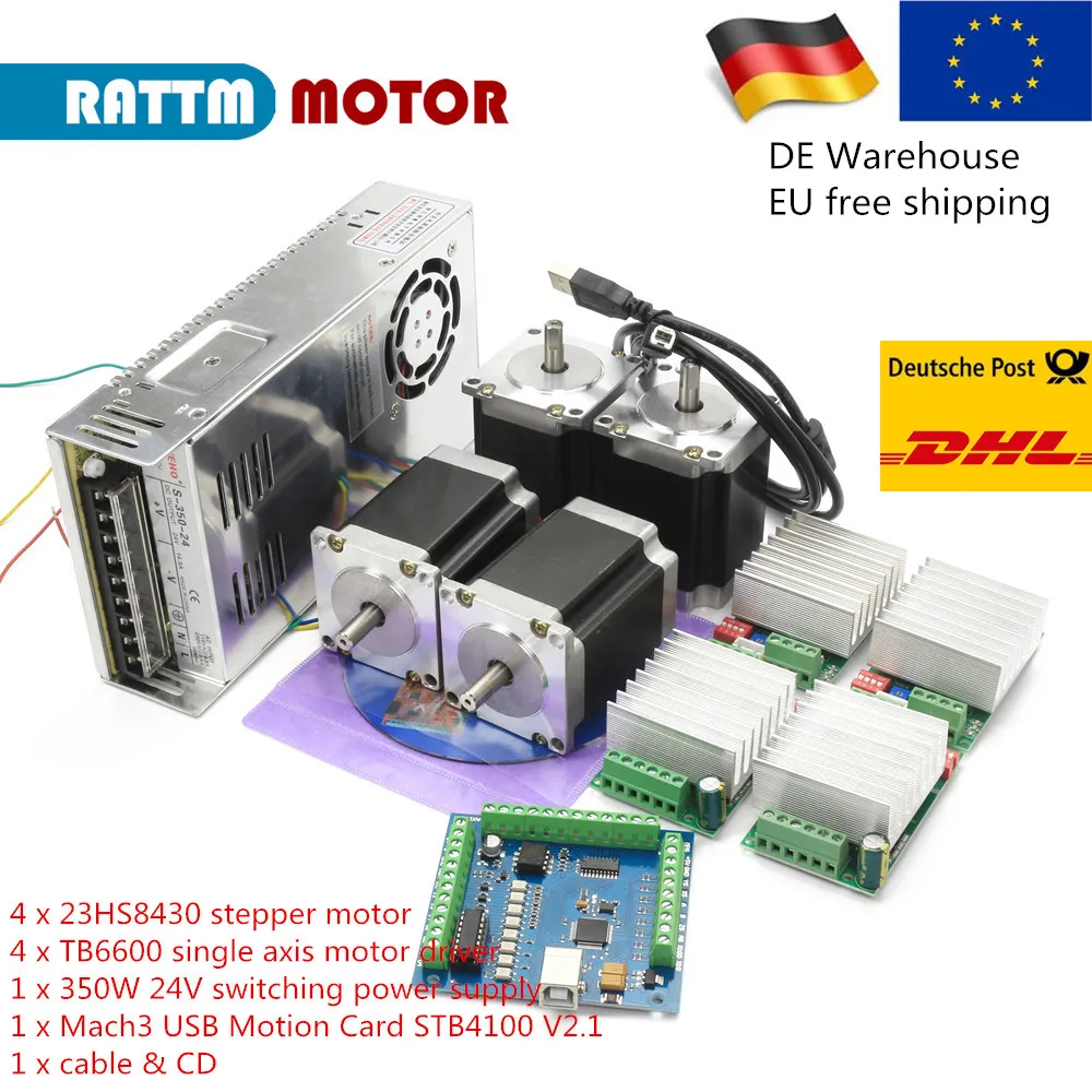 CNC Controller Kit 4 Axis Nema23 stepper motor  + single axis TB6600 + Mach3 USB Card STB4100 V2.1 + 350W 24V power supply