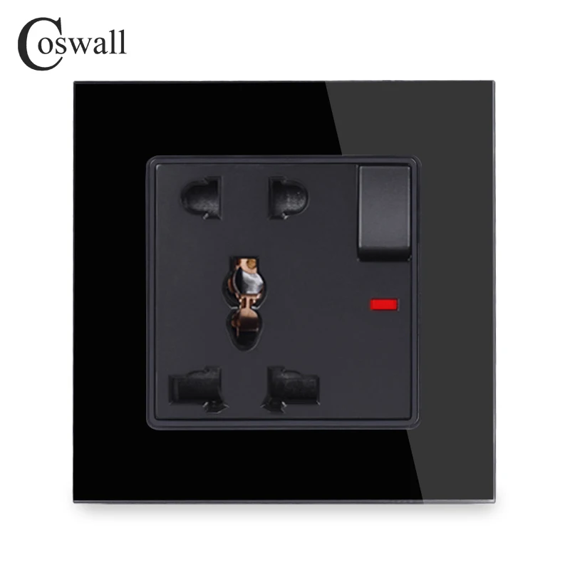 COSWALL Glass Panel 1 Gang 13A Universal 5 Hole Switched Socket With Neon Grounded With Children Protective Door C1 Series