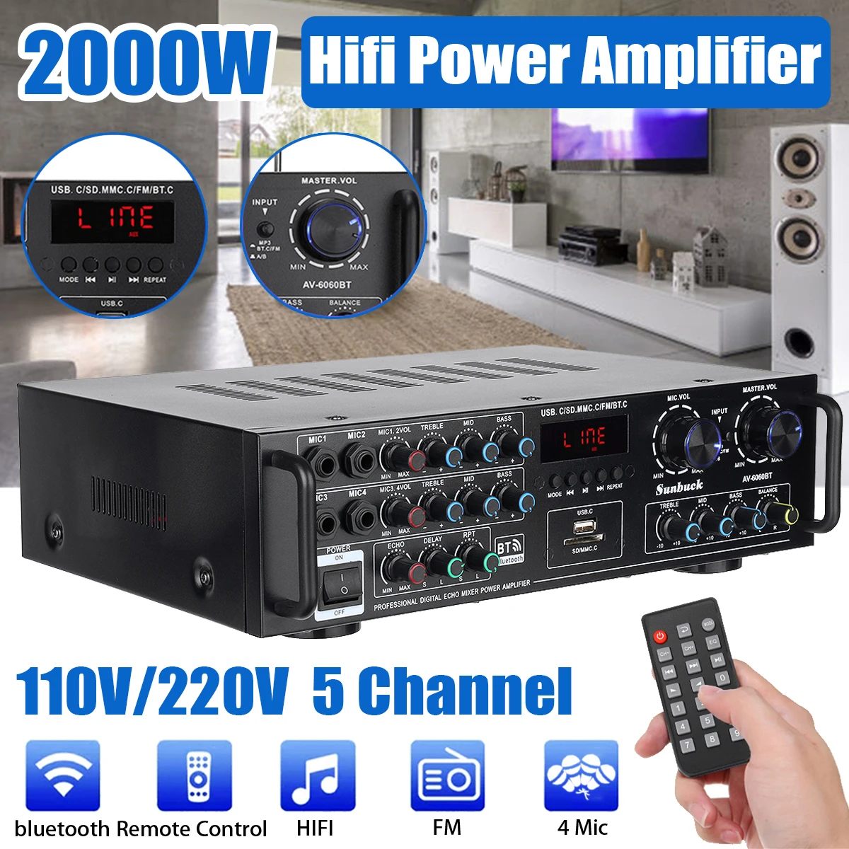 2000W Home Amplifiers Audio 220V Bass Audio Power Bluetooth Digital Amplifier Hifi FM USB SD LED  for Subwoofer Speakers