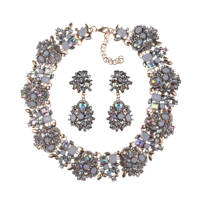 Luxury Crystal Rhinestone Necklace Earrings Jewelry Sets Women Indian Statement Large Collar Choker Necklace Wedding Jewelry