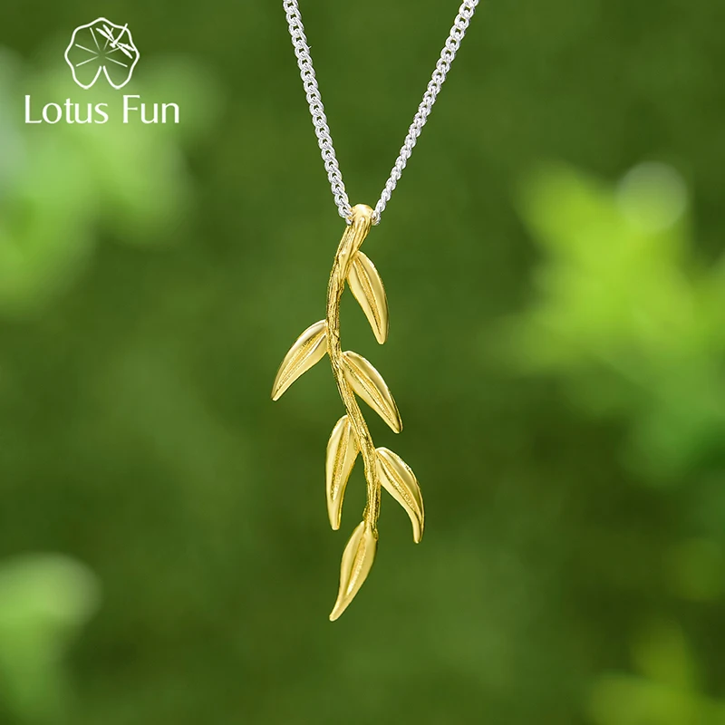

Lotus Fun Real 925 Sterling Silver Original Long Branch and Leaves Pendant Fine Jewelry Chain and Necklace for Women New Arrival