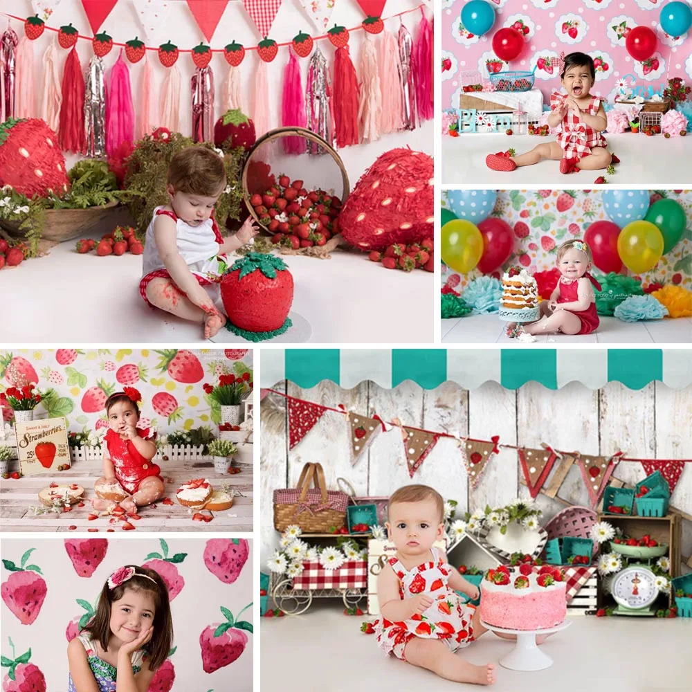 Fruit Sweet Strawberry Theme Girl Cake Smash Photography Backdrops Child 1st Birthday Baby Shower Props Photo Studio Background