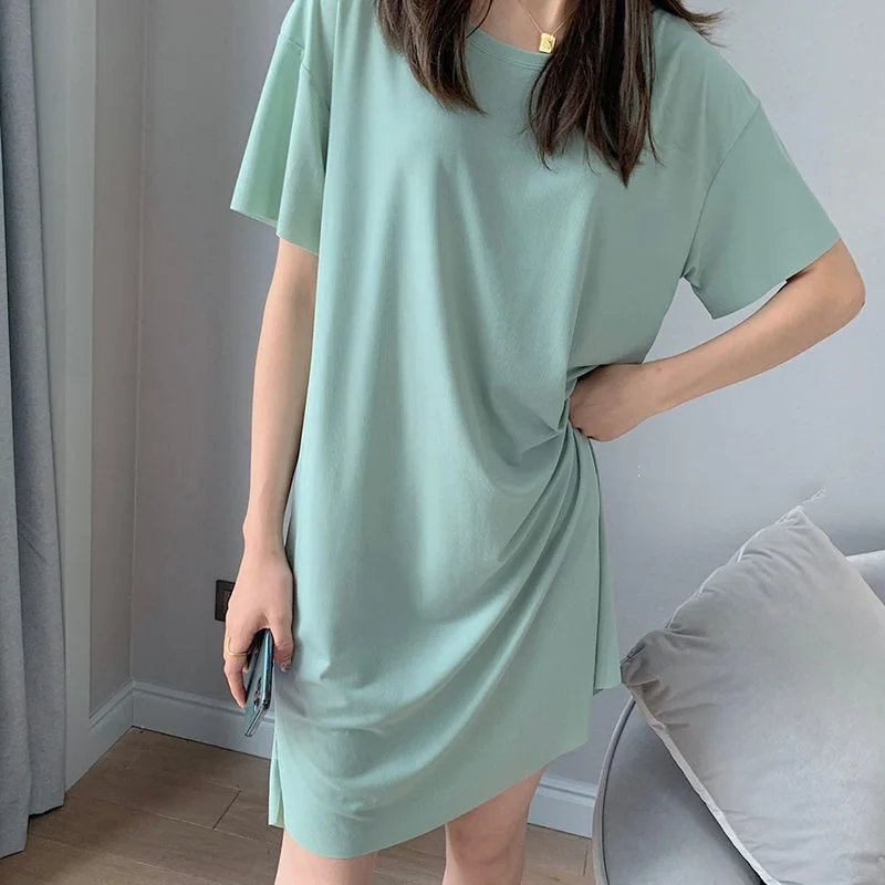 Solid Nightgowns Women Summer Loose Ice Cozy Breathable Knee Length Tees Simple Sleepwear Home Lounge Korean Stylish Nightdress