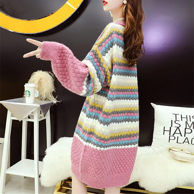 2024 Winter Thick Casual Loose Long Knitted Sweater Dress Women O-neck Lantern sleeve 3 Color Choose Striped Sweaters Female