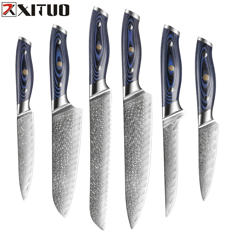 XITUO Damascus Kitchen Knives Set Japanese VG10 Stainless Steel Chef Knife Santoku Utility Boning Bread Knife Blue G10 Handle